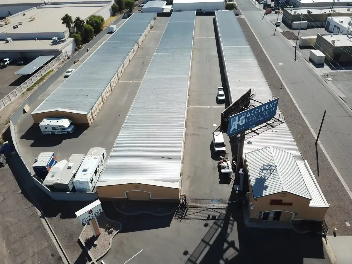 Ariel view of facility with three rows of buildings and RV spots